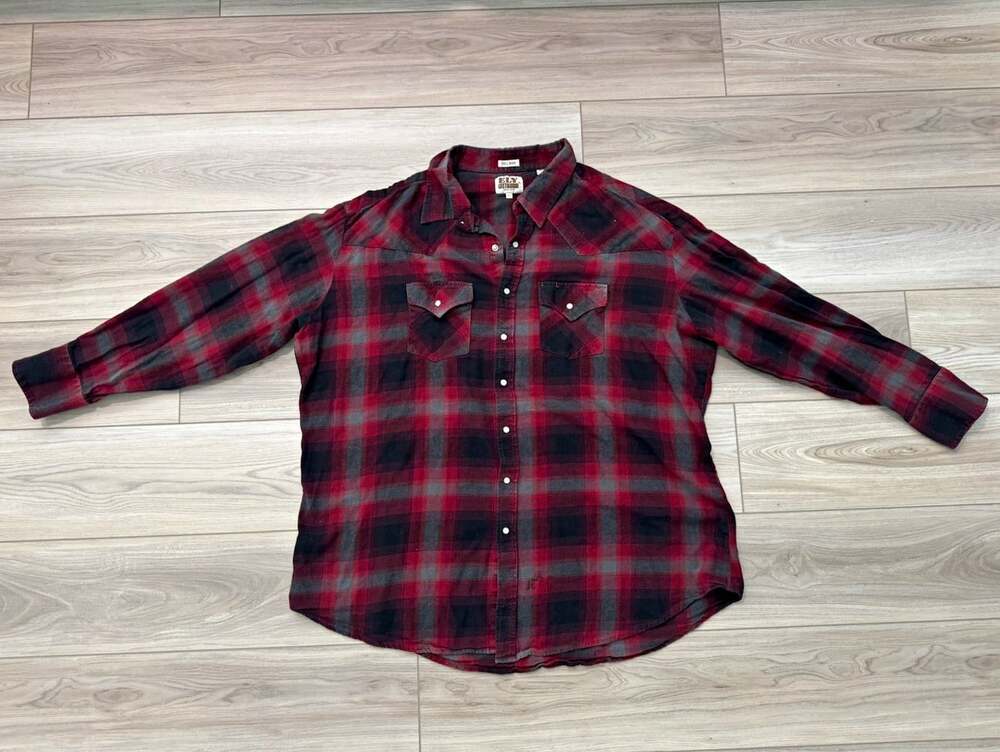 Ely Cattleman Men's 3XLT Tall Red Gray Plaid Flannel Pearl Snap Western Shirt